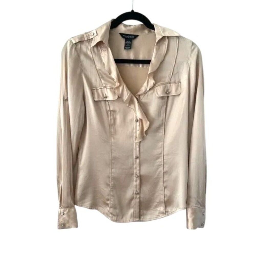 White House Black Market Champagne Silk Button Down Women Blouse 10